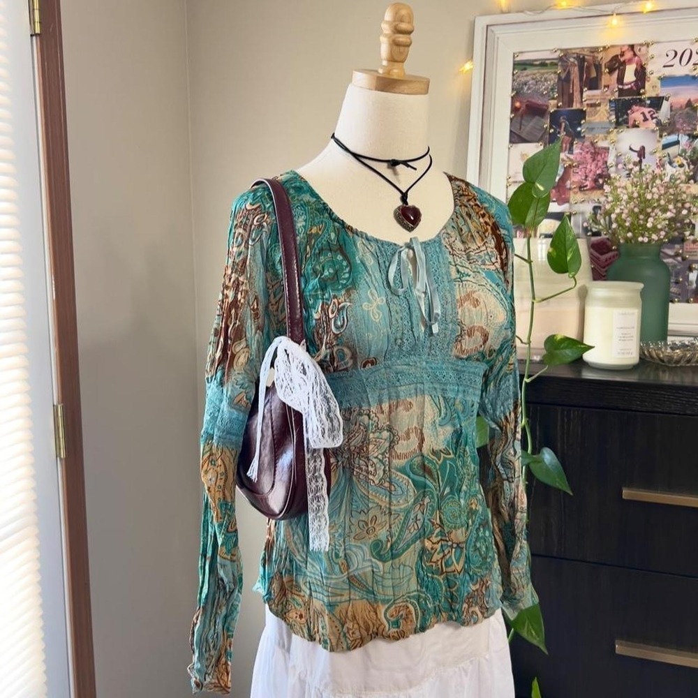 Vintage Y2K Blue & Brown Paisley Fairy Long Sleeve Top Lace Whimsical Cottage
